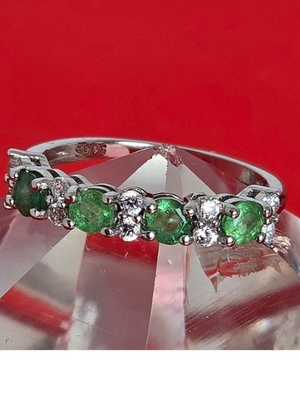 New Natural Emerald ring gold on silver rhodiumed emerald ring 7.5 sizable